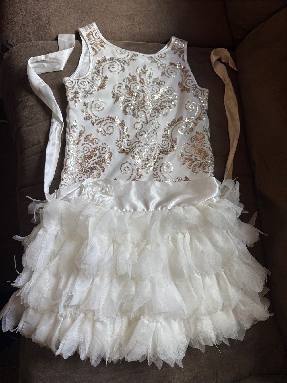 Biscotti White Dress with Gold Sequin Swirl Accents